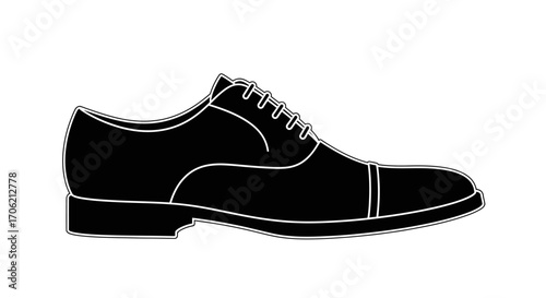 Silhouette of a classic men's dress shoe, a black leather Oxford with laces, presented in a side view.