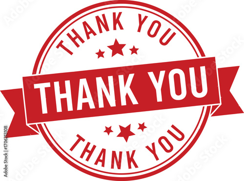 Thank You Red Round Stamp with Stars and Ribbon Banner on a White Background