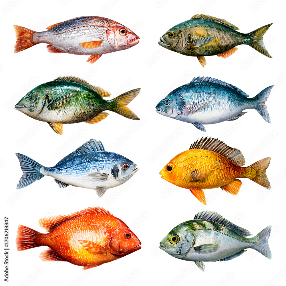 Fototapeta premium Colorful collection of eight different species of fish on transparent background