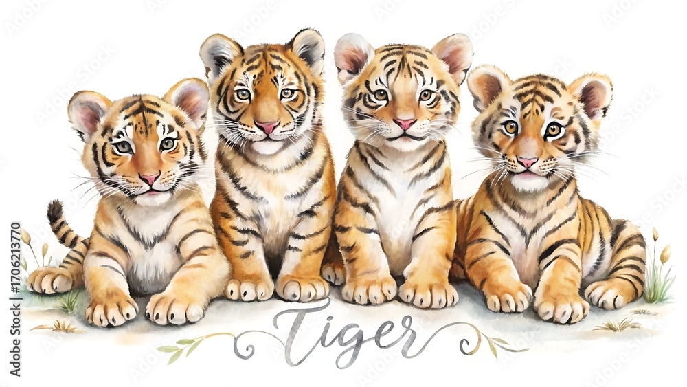 Naklejka premium Adorable tiger cubs sitting together, showcasing their playful nature and captivating charm, isolated on white background