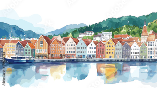 Bryggen Wharf. Bryggen Wharf watercolor vector illustration