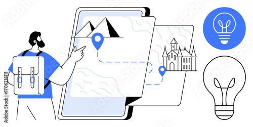 Backpacker pointing at map with mountain and castle routes marked. Ideal for travel, exploring, journey planning, creativity, adventure, navigation, and simple landing page