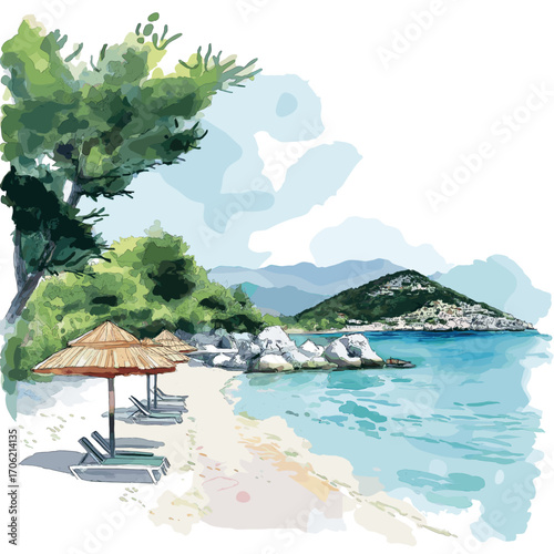 Ksamil Beach. Ksamil Beach watercolor vector illustration