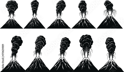 Volcano eruption vector illustration, black and white volcanic explosion clipart, smoke plume, lava flow, nature disaster, mountain graphic design