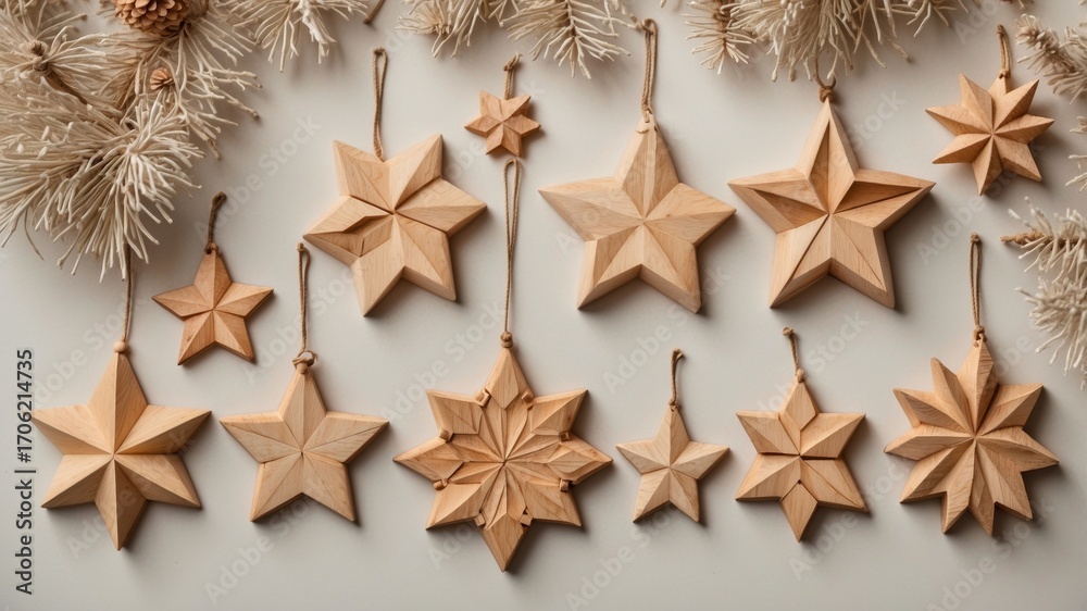 Fototapeta premium Wooden Christmas ornaments isolated, eco-friendly festive decor