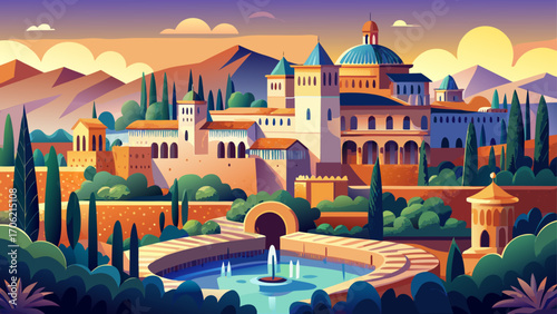 Alhambra, Generalife, and Albayzín, Granada, Spain, showcase Islamic art and Renaissance harmony, their ornate courtyards, fountains, and gardens shimmering beneath Andalusia’s warm golden light.