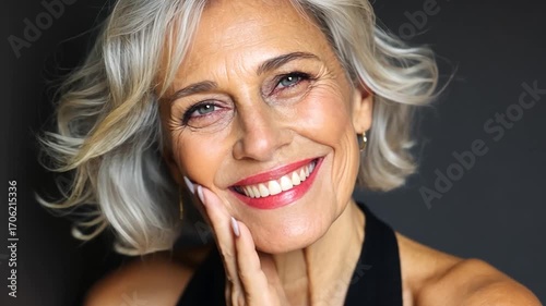 Radiant woman with grey hair smiles, hand near her face