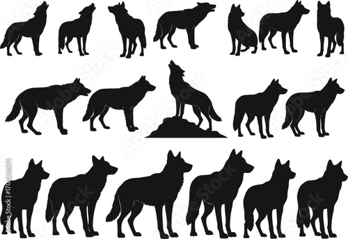 Wolf silhouette vector, wild animal silhouettes, howling wolf art, forest predator clipart, wolf pack design, wildlife illustration