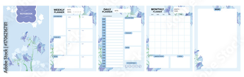 Set of printable daily, weekly, monthly and notes taking planner journal tracker organiser sheets in blue flower design.Hand drawn watercolor illustration.