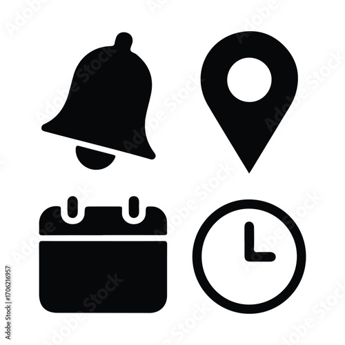 Bell, location, time, calendar and notification icons set. Flat simple illustrations of bell, pin, date and clock. Modern and versatile icon set for digital and print applications