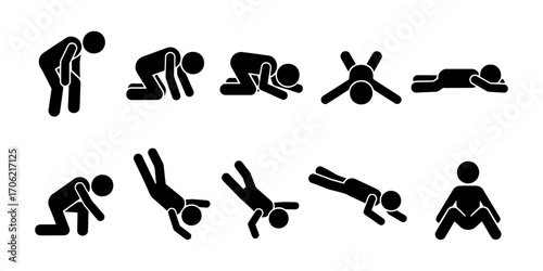 Stickman silhouette icons of failure, stress, sadness, depression, tired, exhausted, and falling down. Human figure pictogram showing fatigue, burnout, hopelessness, despair, and emotional breakdown.