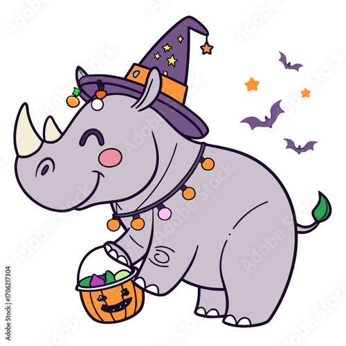 SVG art: A Playful Rhino in a Halloween vibe with wrapped in fairy lights, tinted with Spooky Fun tones
