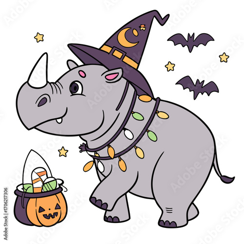 SVG art: A Playful Rhino in a Halloween vibe with wrapped in fairy lights, tinted with Spooky Fun tones