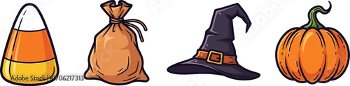 Halloween icons featuring candy corn a sack witch hat and pumpkin illustration