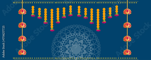 Traditional marigold flower garland toran vector, perfect for Indian Hindu wedding, navratri, dussehra, Diwali, karwa chauth festival decoration, floral border ornament design for celebration themes