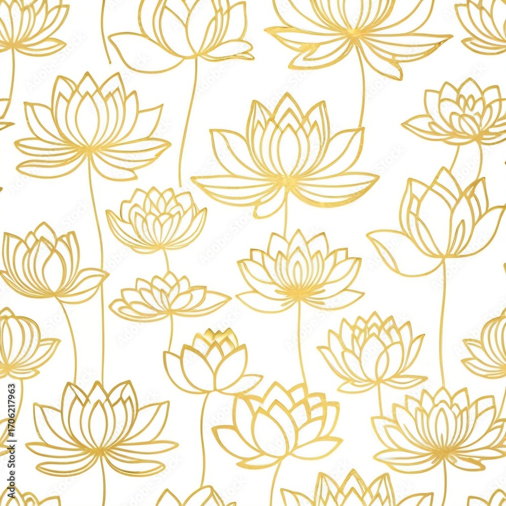 Fototapeta premium Seamless golden lotus flower pattern with elegant line art details on a white background, creating a luxurious and spiritual design suitable for decor, textiles, and wallpapers.