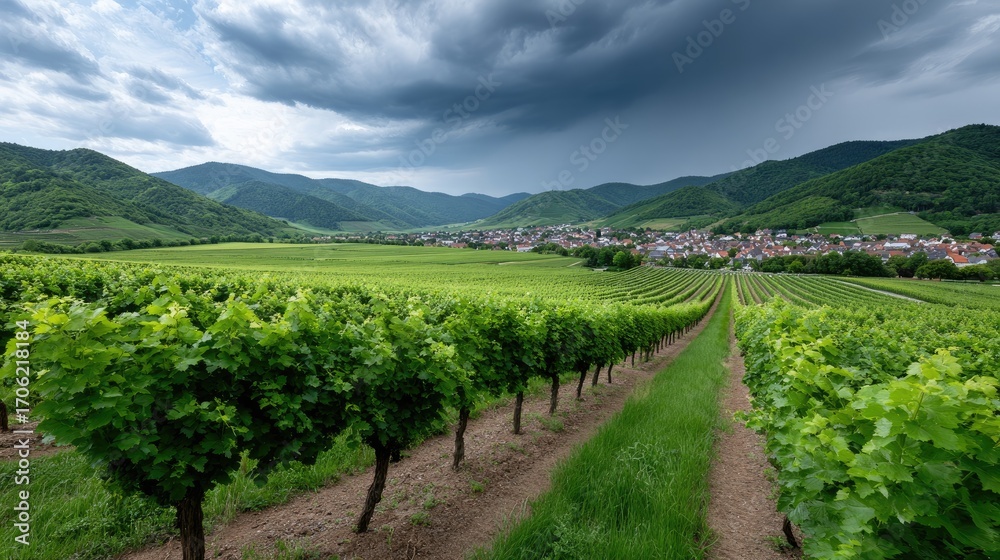 Naklejka premium Grapes hang on vines in a Black Forest vineyard overlooking a small town, surrounded by green grass and blueberries under cloudy skies