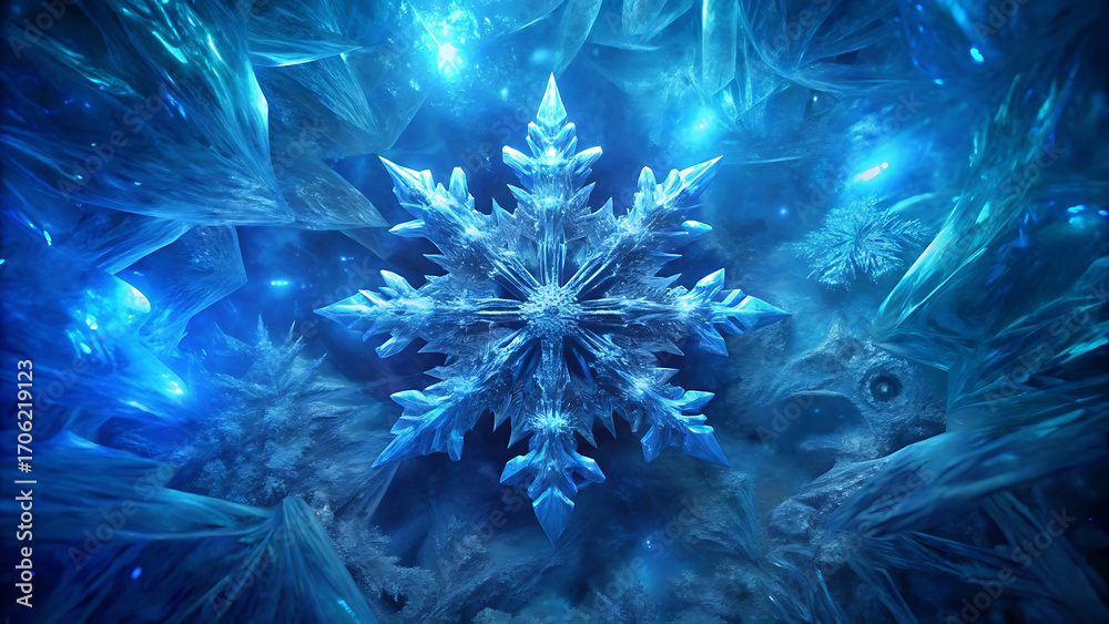 Obraz premium Crystal Snowflake Glowing In Icy Blue Fractal Background