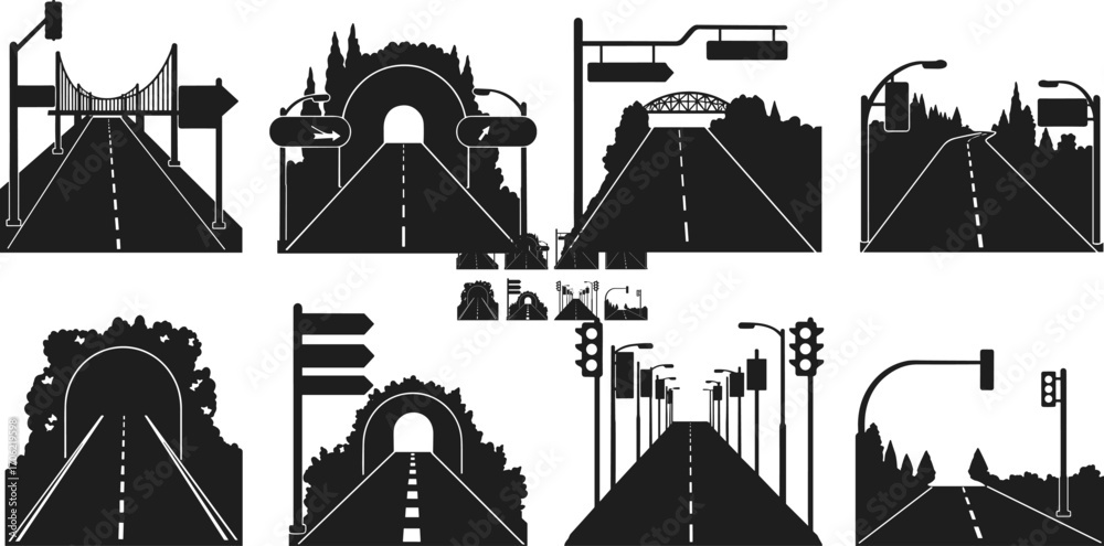 Naklejka premium Road Infrastructure Silhouettes Featuring Bridges, Tunnels, Traffic Lights, and Highways for Urban Planning and Transportation Design Content