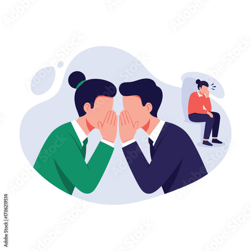 Two people whispering secrets while another person looks sad.