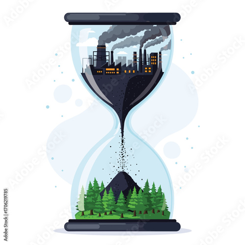 Hourglass showing industrial pollution impacting nature and time running out.