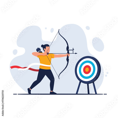 Archer aiming at target with bow and arrow.