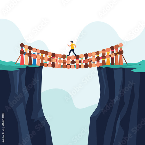 People form a bridge across a chasm to help one person cross.