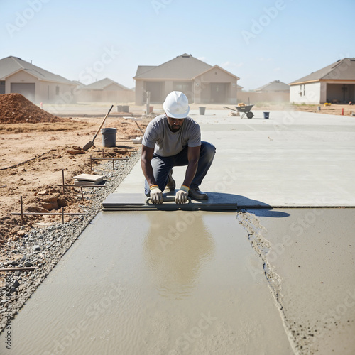 Construction worker smoothing wet concrete on residential building site under clear blue sky