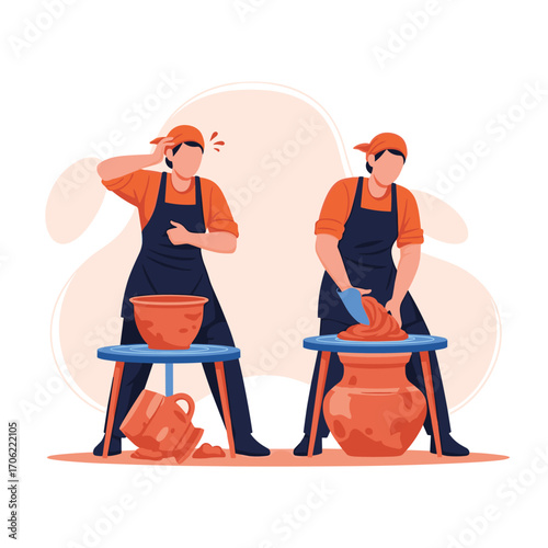 Two potters working on pottery wheels creating ceramic art.