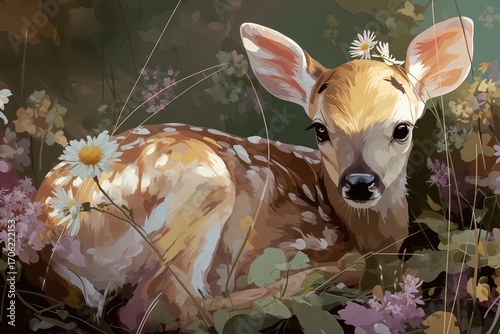 Un cervatillo salvaje se refugia entre flores silvestres, capturando la inocencia y la belleza de la naturaleza.