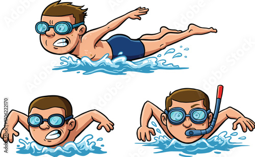 Cartoon boys swimming with goggles and snorkel underwater, performing strokes, enjoying water sport, summer activity, pool fun vector illustration