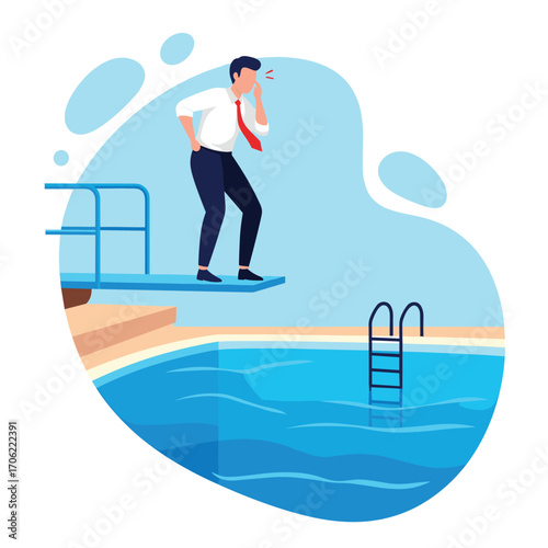 Man in suit hesitates on diving board above swimming pool.