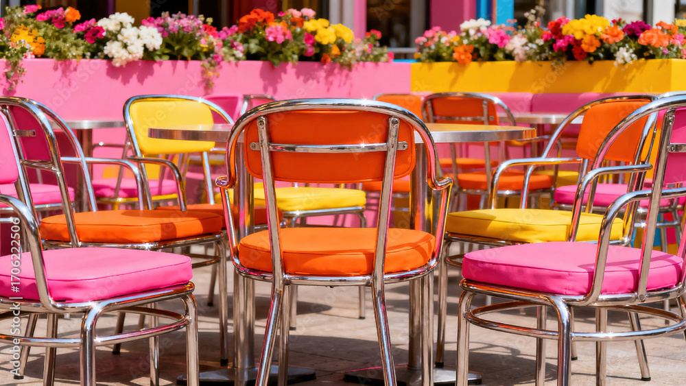 Obraz premium Vibrant Outdoor Seating with Colorful Chairs
