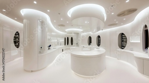 A white room with a curved wall and a white counter