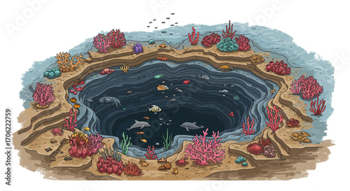 Underwater coral reef scene with colorful marine life around a deep ocean sin…