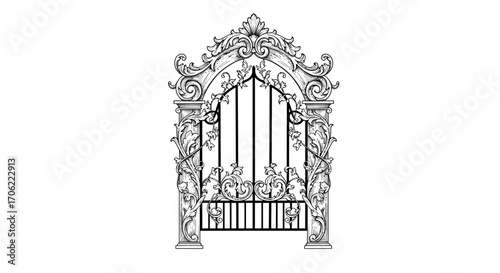 Intricate ornamental iron gate design with vintage floral motifs