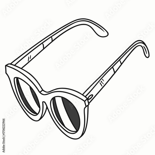 Stylish black and white outline drawing of retro cat eye sunglasses on a white background