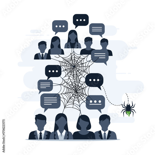 Business Team Communication Network Spider Web Chat Bubbles.