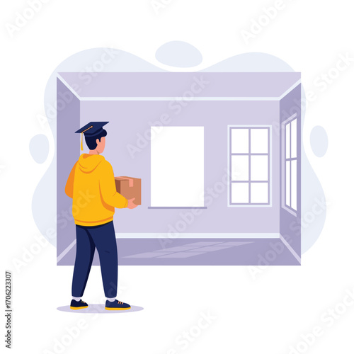 Graduate student carrying a box into a new room.