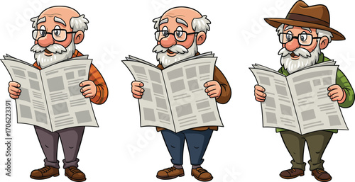 Cartoon Elderly Men Reading Newspapers – Vector Illustration of Senior Citizens with Glasses and Hats in Daily Morning Routine, Comic Style