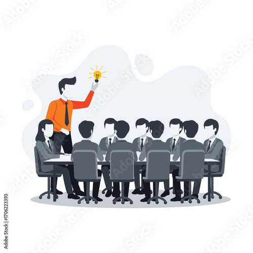 Business meeting with a leader presenting an idea with a lightbulb.