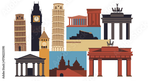 Iconic european landmarks in flat design: big ben, leaning tower of pisa, par…