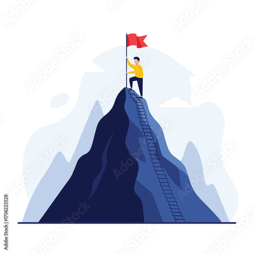 Man climbing ladder to reach mountain peak with flag.