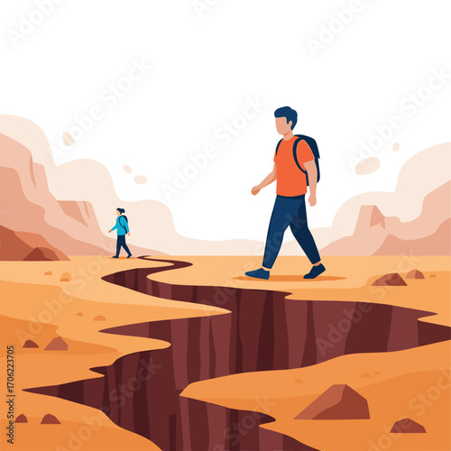 Two hikers crossing a vast desert landscape with a deep crack in the foreground.