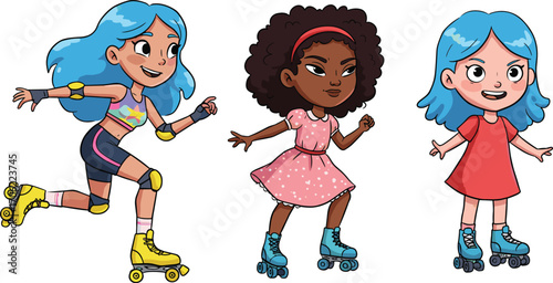 Cartoon girls roller skating in colorful outfits, fun and energetic vector characters for children’s sports, activity, and recreation designs