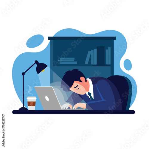 Man Sleeping on Laptop at Desk Exhausted Overworked.