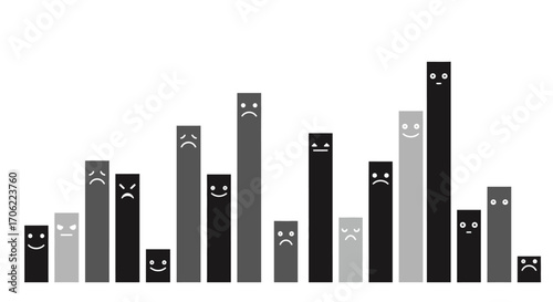Monochrome bar chart with emoticons reflecting varied emotions in minimal gra…