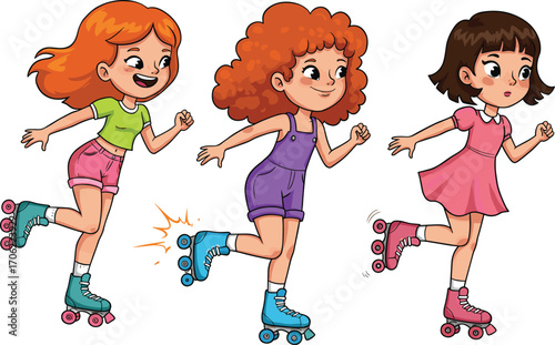 Cartoon girls roller skating in colorful outfits, joyful outdoor playtime activity, perfect for kids sport, movement, and summer fun illustrations