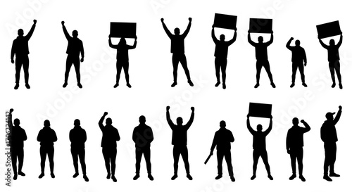 Silhouette crowd of protestors holding signs and raising fists in unity