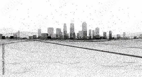 Dot art cityscape horizon with modern skyline in halftone style